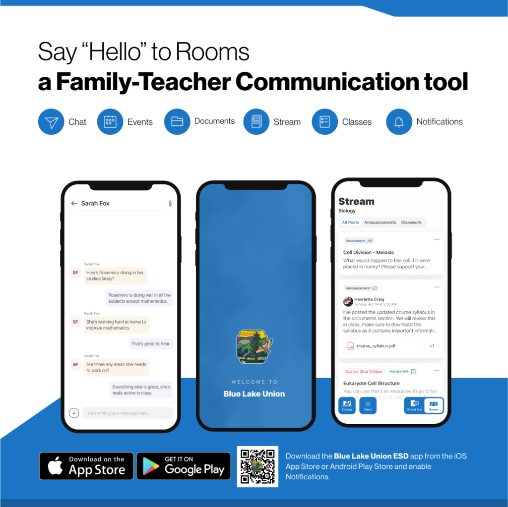say hello to Rooms a family-teacher communication tool; image of app open on cell phone
